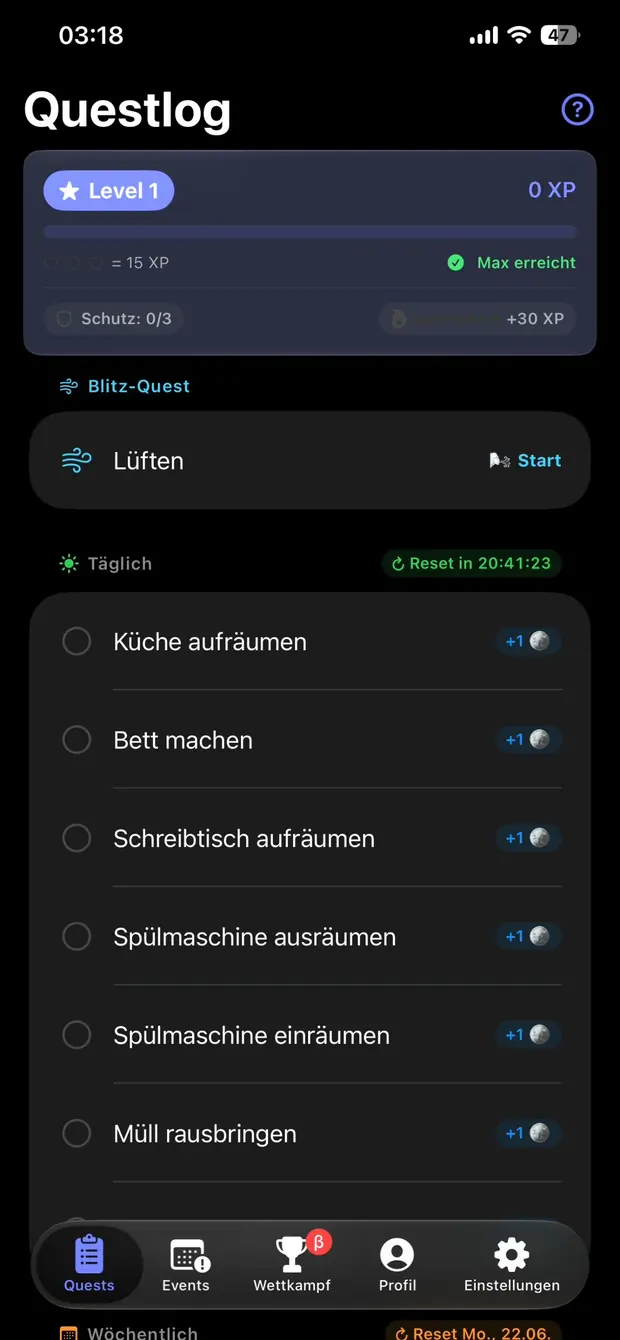 HomeDuel Questlog mit Level, Runden und täglichen Aufgaben