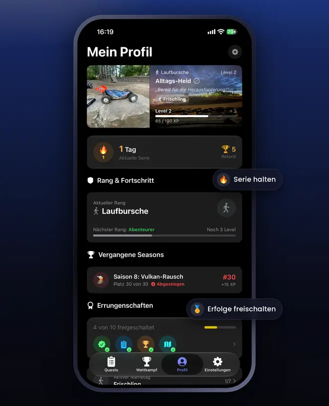 Profil mit Level, Rang, Serie, vergangenen Seasons und Errungenschaften