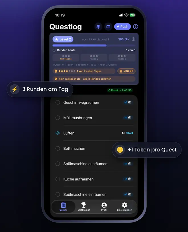 Questlog: tägliche Quests abhaken, Tokens sammeln und bis zu drei Runden am Tag schaffen