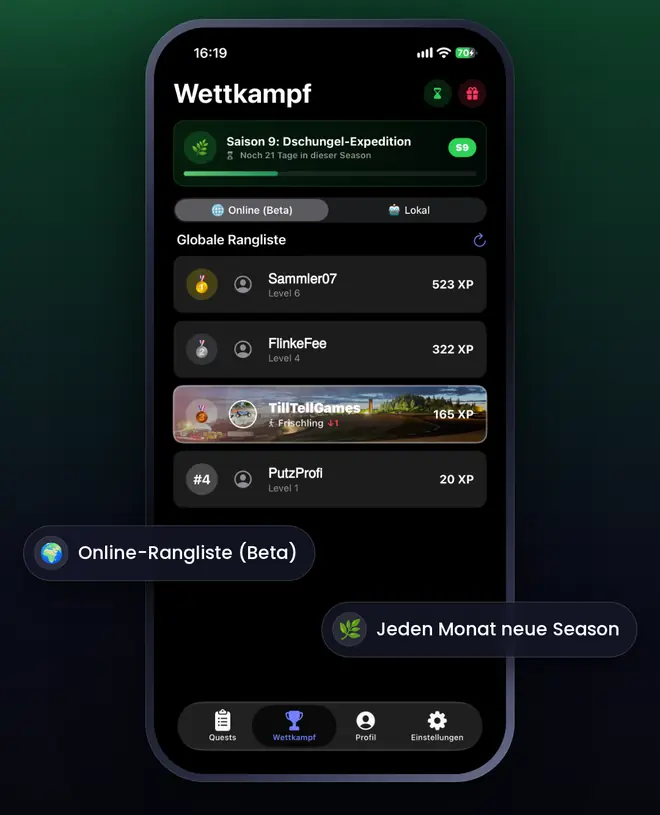 Wettkampf: Season-Liga mit Rangliste, Auf- und Abstieg